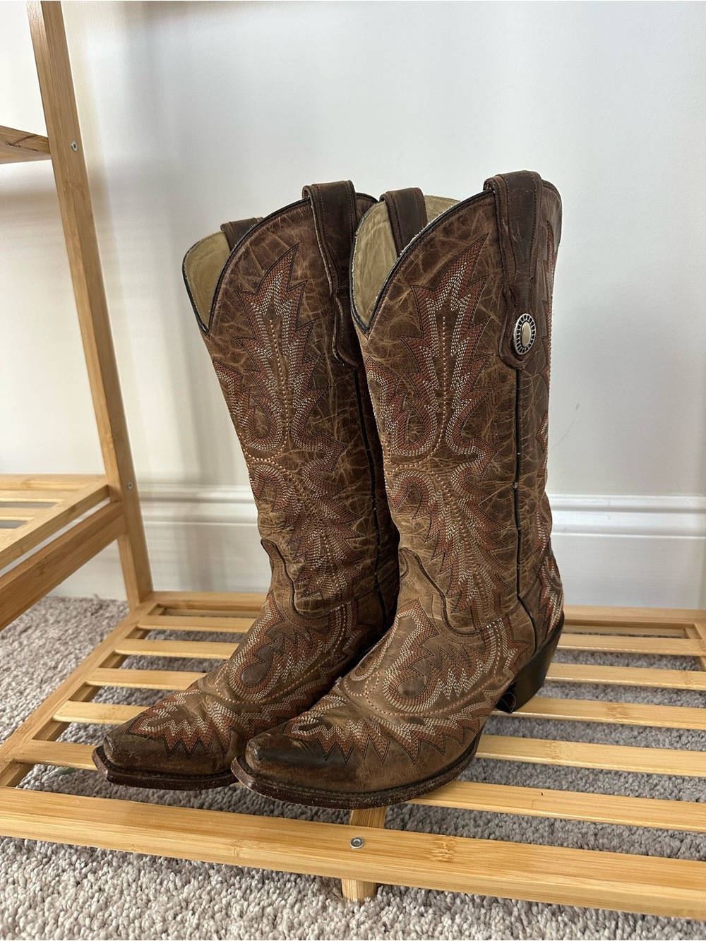 Corral Picasso Cognac Full Stitch Snip Toe Cowgirl Boots